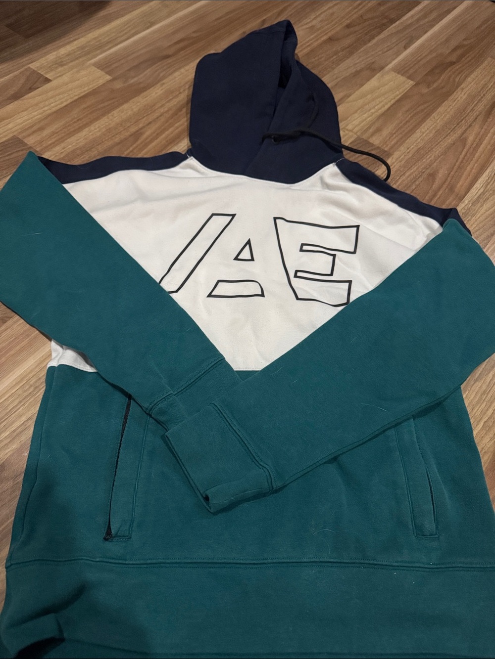 American Eagle Outfitters Teal Navy White Colorblock Pullover Hoodie